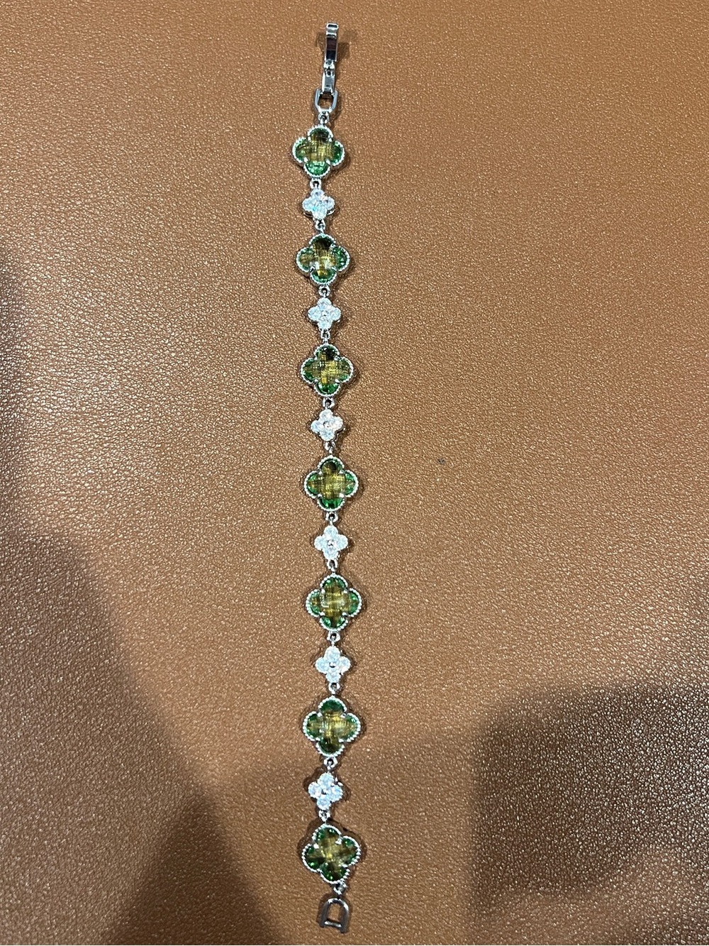 Sterling Silver Green Gem Clover-Link Bracelet